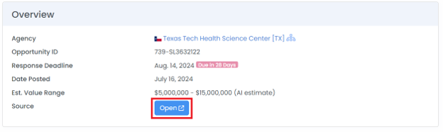 Contract opportunity Overview panel showing direct Open link to original source
