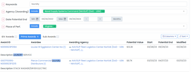 Searching manually for incumbent contracts with keywords, agency, date, and place of performance filters