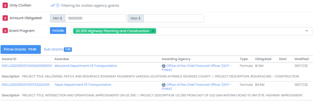 Grant Search page with filters for Only Civilian, Amount Obligated, and Grant Program