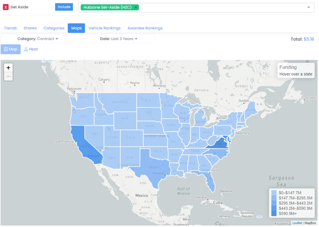 Set Aside Hubzone Maps tab showing state funding distribution