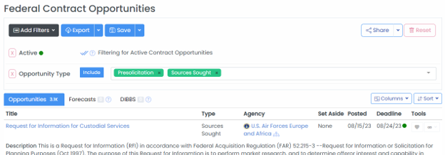 Federal Contract Opportunities Presolicitation and Sources Sought search