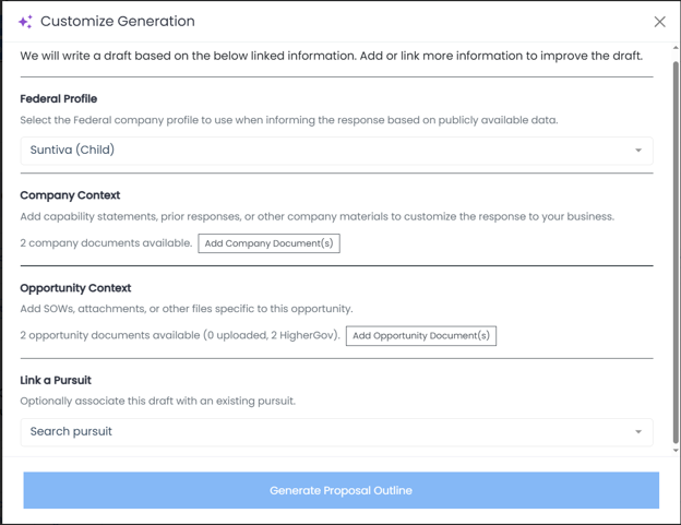 Customize Generation modal with Federal Profile, Company Context, and Opportunity Context