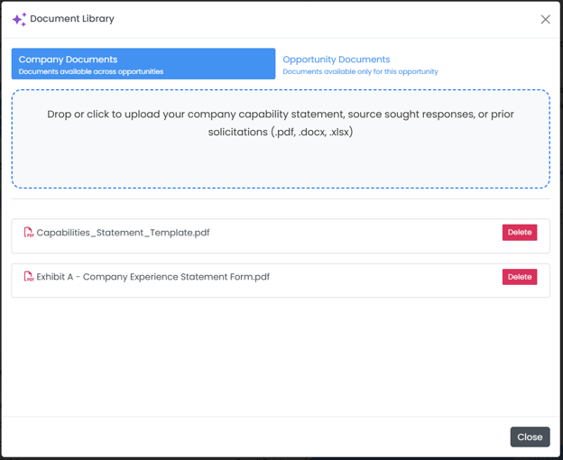 Document Library dialog showing Company Documents and drag and drop upload area