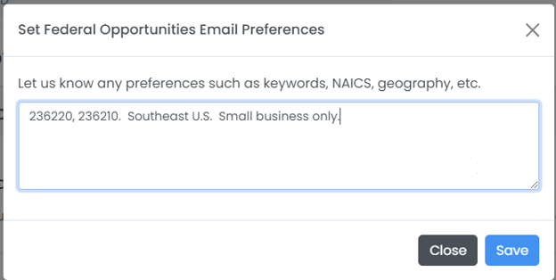 Set Federal Opportunities Email Preferences modal dialog with input area and Save button