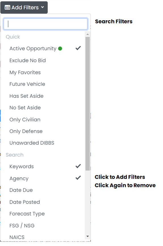 Add Filters dropdown menu showing Quick filters and Search filters