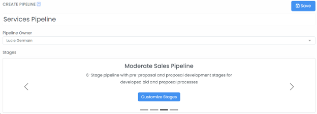 Create Pipeline screen with Pipeline Owner and Moderate Sales Pipeline stages carousel