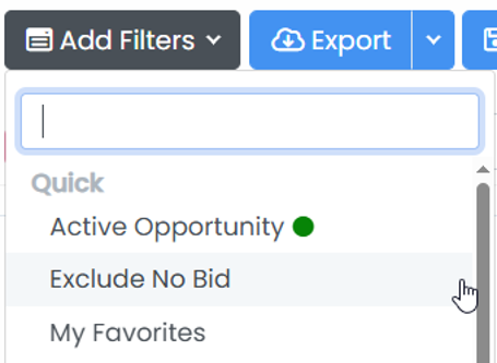 Add Filters dropdown menu with Exclude No Bid option highlighted