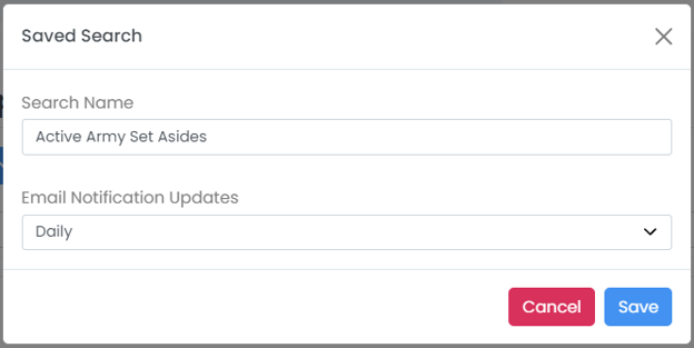 Saved Search dialog showing Search Name and Email Notification Updates fields