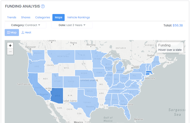 Funding Analysis Maps tab showing US map with state obligation distribution