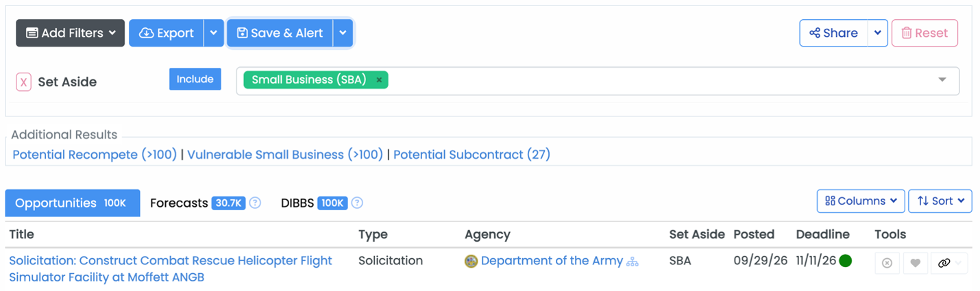 Contract Opportunities search with Set Aside Small Business SBA filter