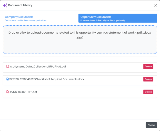 Document Library modal showing Opportunity Documents tab