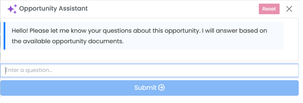 Opportunity Assistant input prompt with Enter a question and Submit button