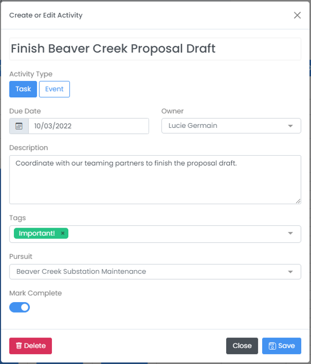 Create or Edit Activity modal with Title, Type, Due Date, Owner, and Pursuit fields
