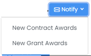 Notify dropdown menu showing New Contract Awards and New Grant Awards