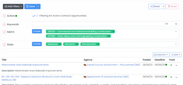 State and Local Contract Opportunities search page with NAICS and State filters applied