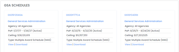 GSA Schedules cards showing Schedule numbers, Agency, PoP, Ceiling, and Type