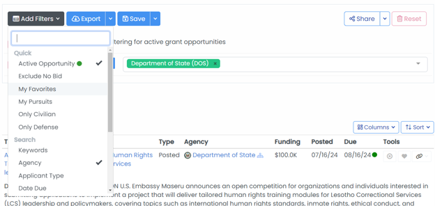 Grant Opportunity Search with Add Filters dropdown and Department of State filter applied