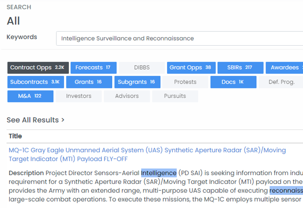Search All results interface showing keyword tabs and matched opportunities