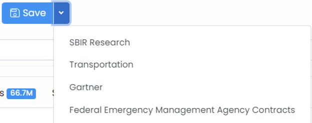 Save button dropdown menu showing previously saved searches