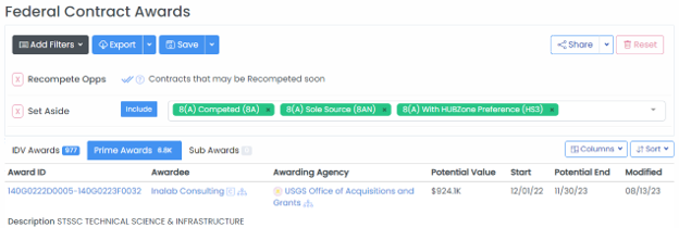 Here you can search for relevant potential recompetes by selecting the Potential Recompete option under Filters and then adding your own additional filters to customize your search (for example, NAICS, PSC, Agency, Set Aside, etc.). The Recompete Opportunities filter looks specifically for contracts that are more likely to have upcoming recompetes based on timing, size, and other criteria. Alternatively, rather than selecting the Recompete Opportunities Quick search, you can create your own filter to find using the Date Potential End filter.