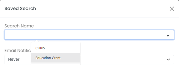 Saved Search dialog dropdown for updating search name