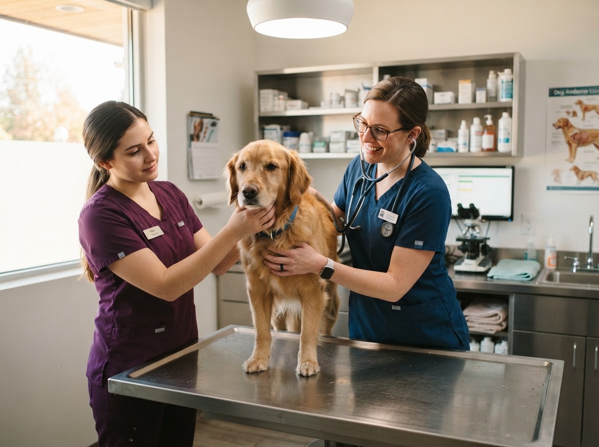 Veterinarian examining a dog in a modern exam room