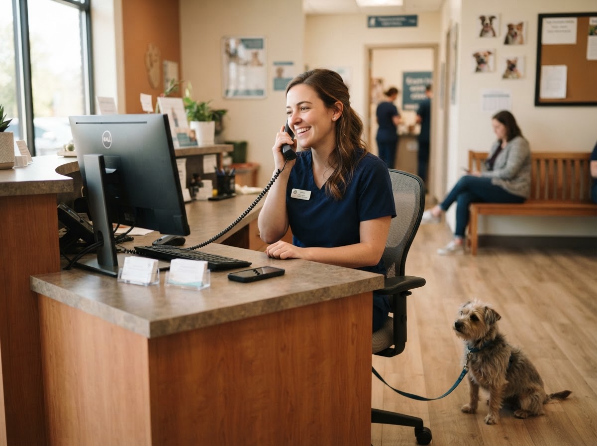 Veterinary receptionist on the phone at a modern clinic front desk