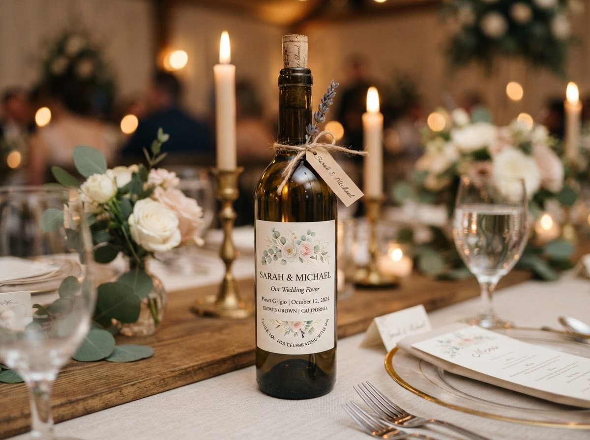 A custom-labeled wine bottle with a personalized label used as a wedding favor