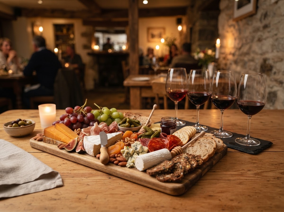 A cheese and charcuterie board beside wine glasses for a private tasting in Jacksonville, FL
