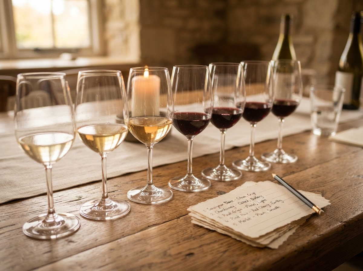 A row of tasting glasses with small pours on a dining table in Jacksonville, FL