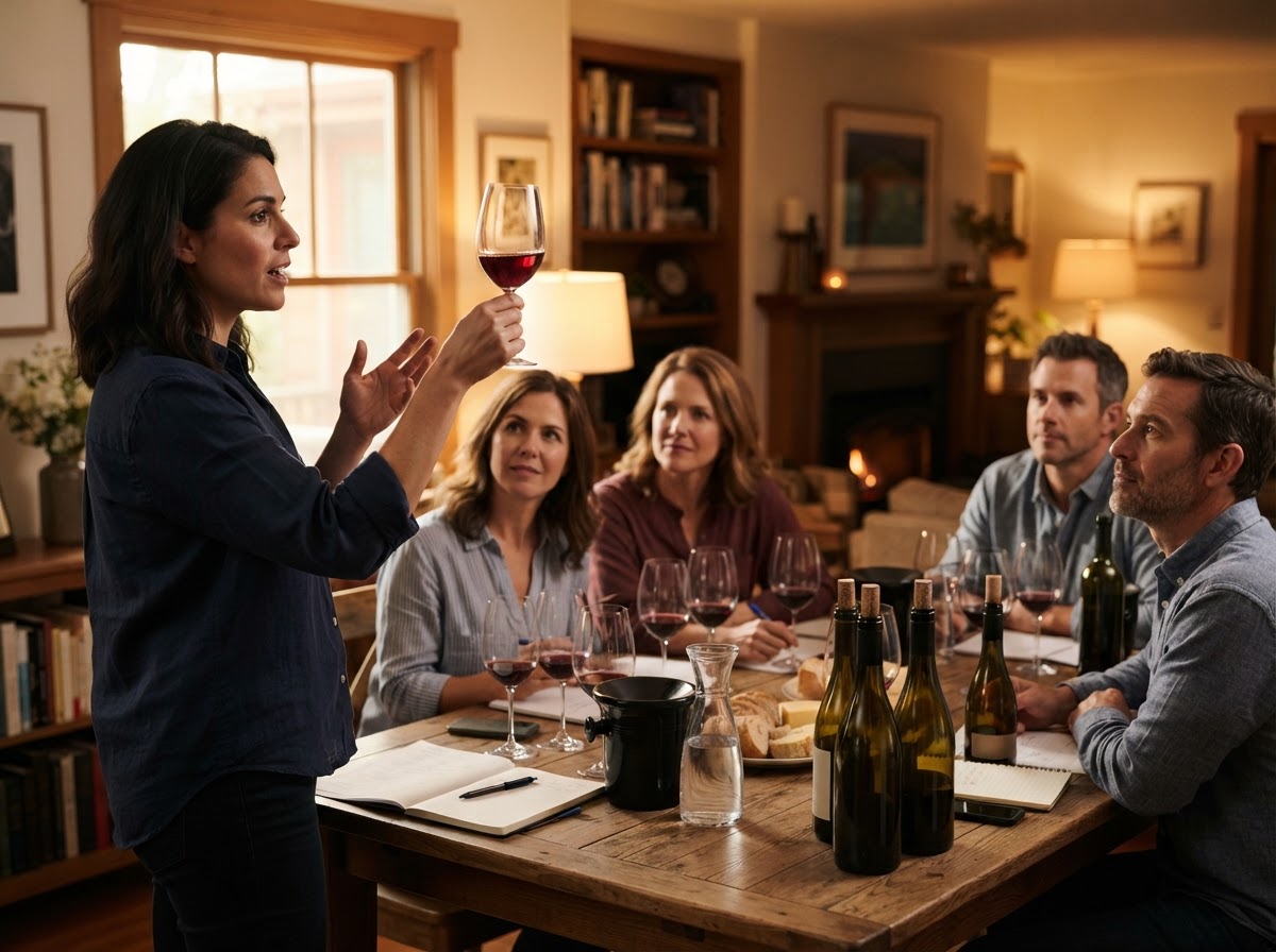 A wine tasting host explaining a wine to a small group of guests in a Jacksonville home