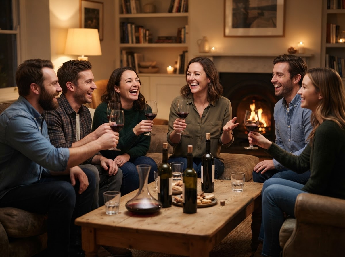 Friends tasting wine together in a living room during an in-home tasting in Jacksonville, FL