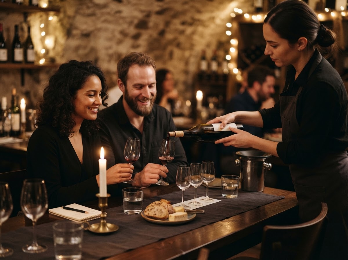 A private wine tasting for a couple at a candlelit table in Jacksonville, FL