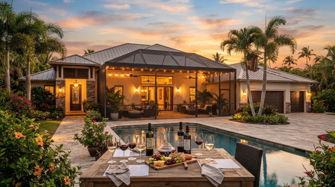 A coastal Florida home with a screened lanai at golden hour in the Jacksonville area