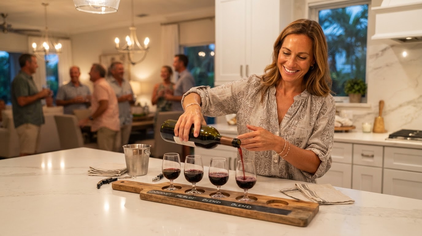 A wine tasting host pouring a flight of wine at a kitchen island in a Jacksonville, FL home