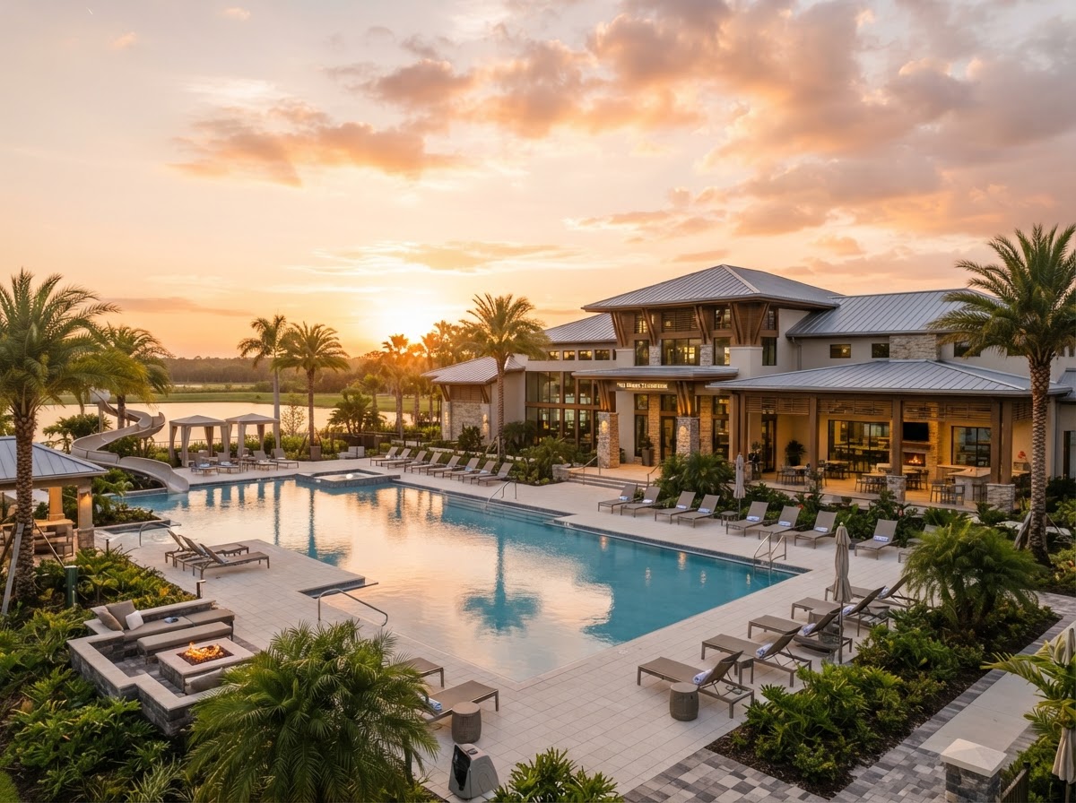 A master-planned community clubhouse and amenity center in Nocatee, FL at golden hour