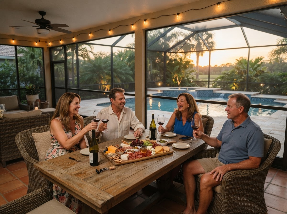 A small group tasting wine on a screened lanai and pool deck in a Florida home