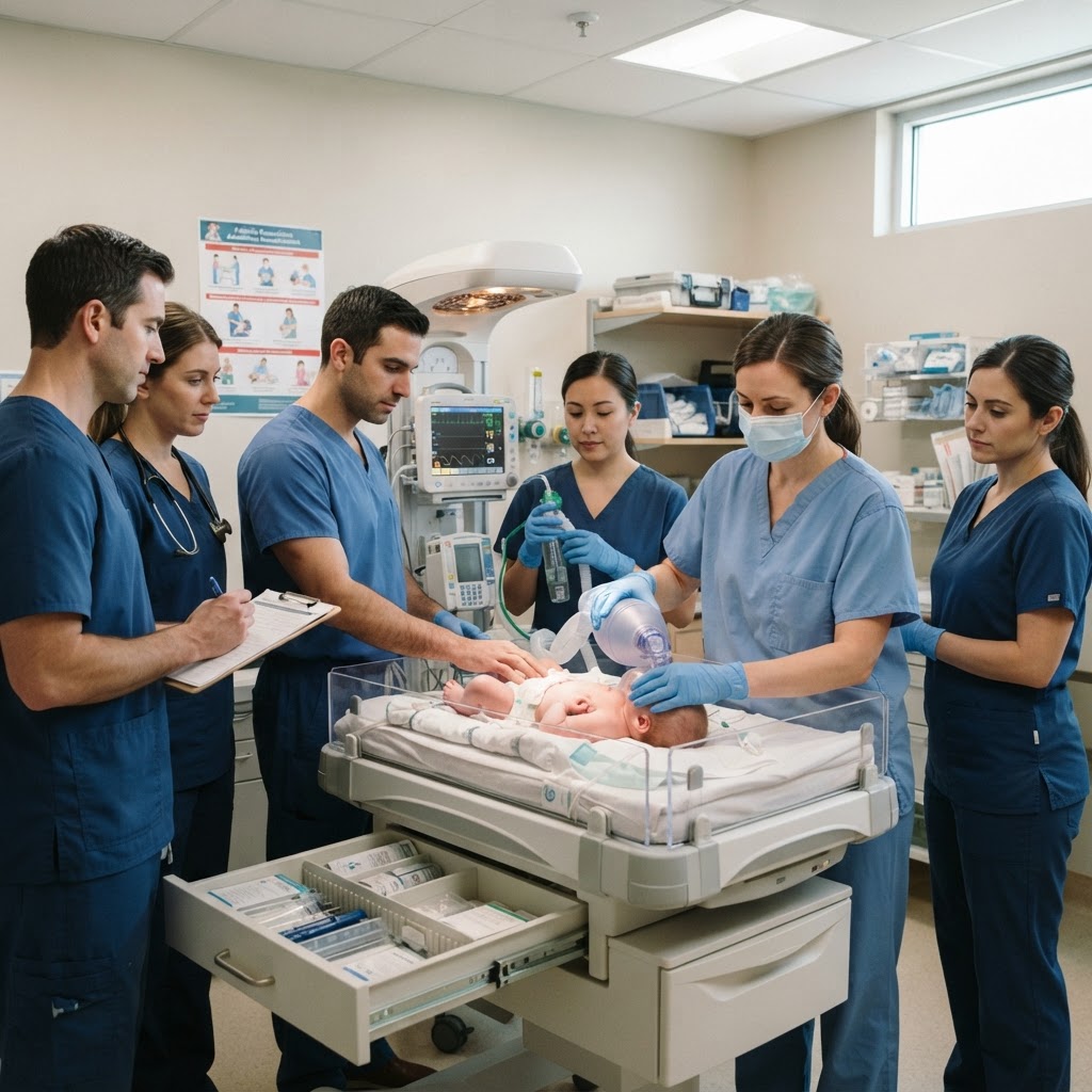 Equipo médico sereno y en control realizando una secuencia de reanimación pediátrica con precisión y preparación
