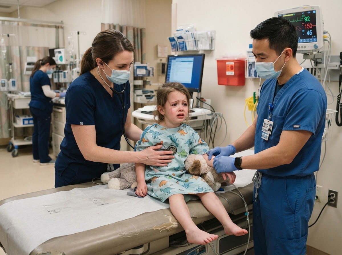 Equipo médico atendiendo a un niño pequeño con dificultad respiratoria en urgencias