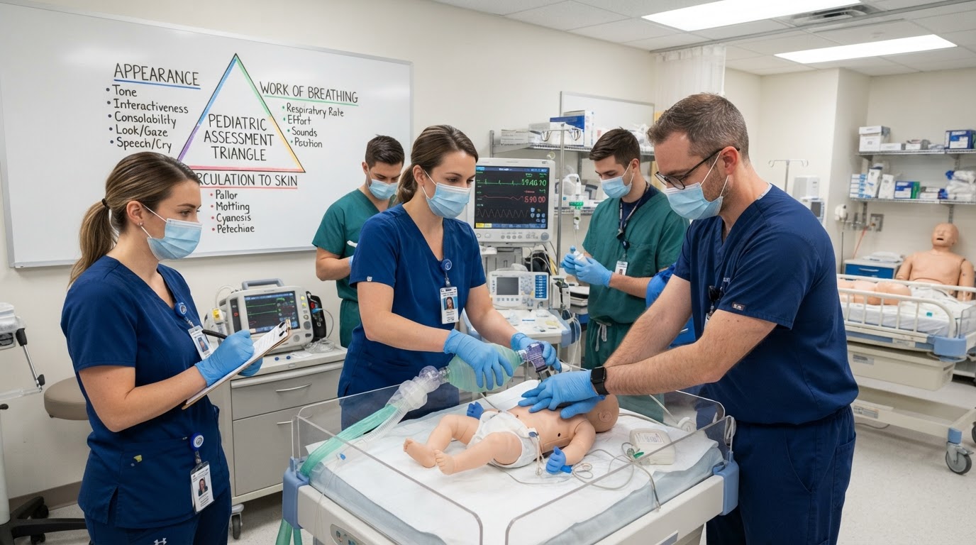 Equipo médico entrenando reanimación pediátrica con diagrama del triángulo de evaluación visible