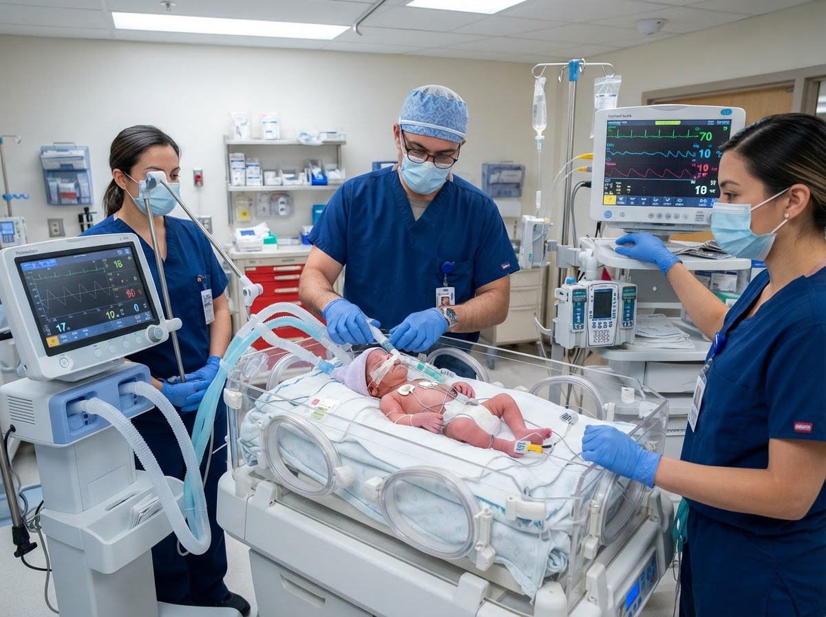 Bebé intubado recibiendo asistencia respiratoria mecánica, atendido por equipo médico en urgencias pediátricas