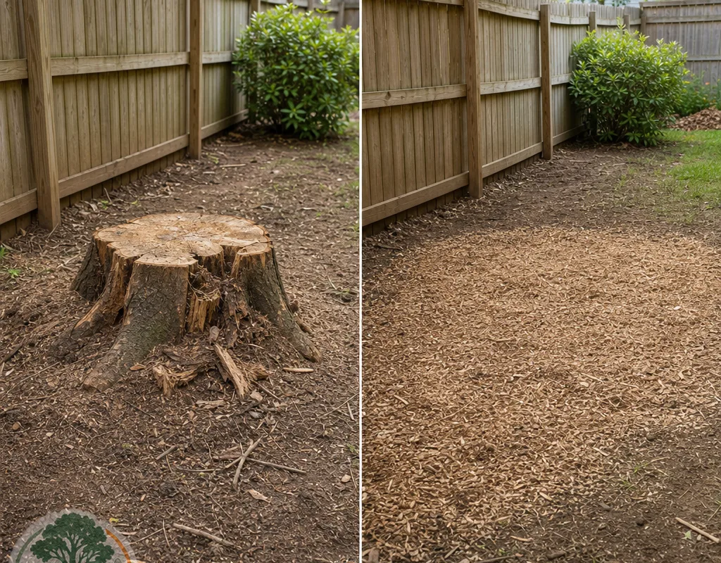 Illustrative stump removal grinding process showing wood chips and cleared area
