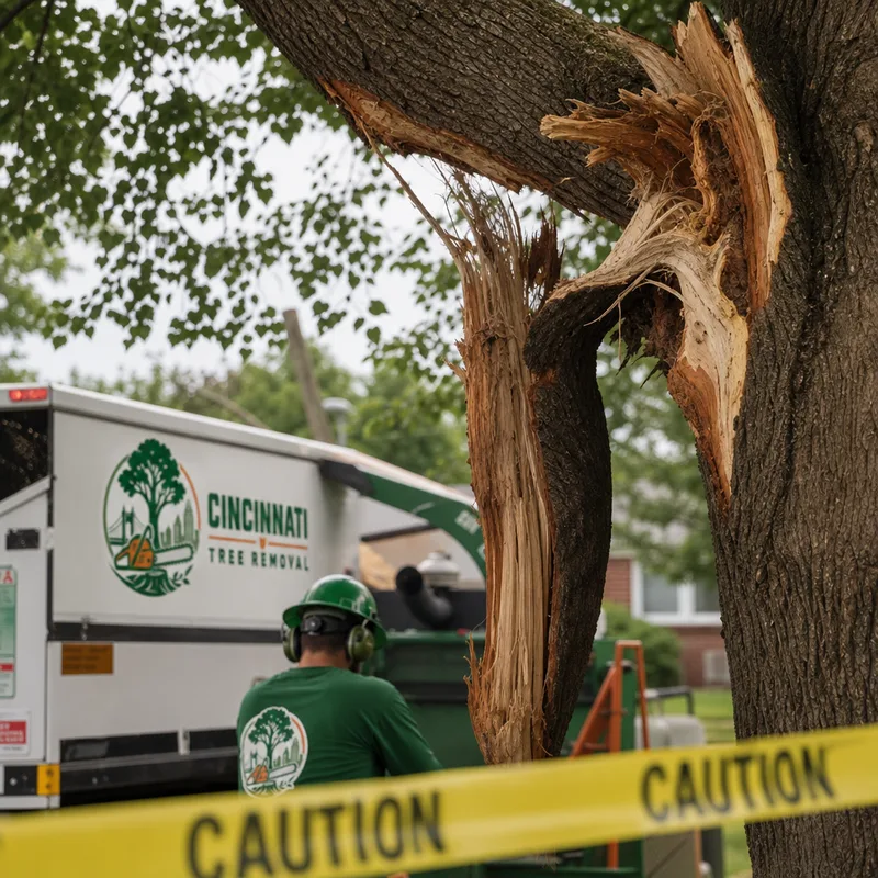Splintered tree trunk showing storm damage in Cincinnati