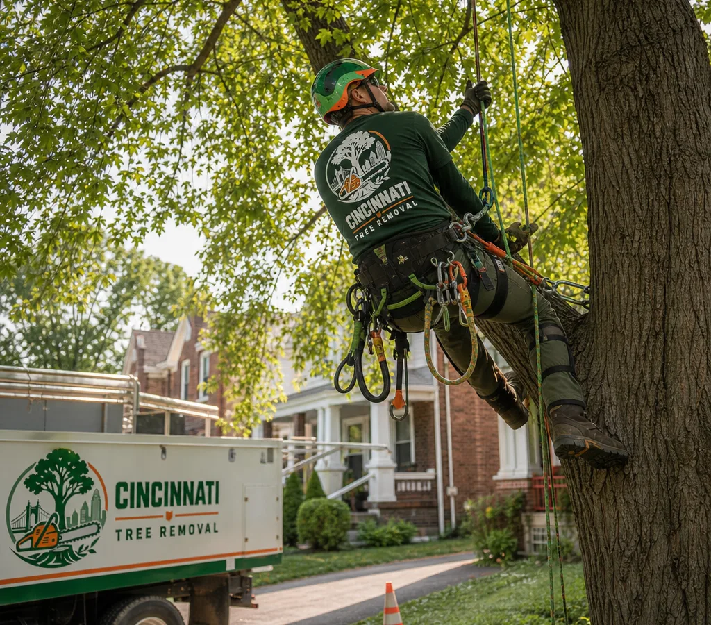 Illustrative canopy climber performing tree assessment in Cincinnati