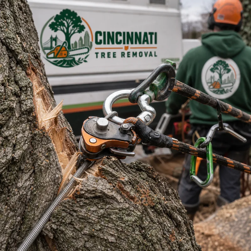 Professional rigging block and tension system for hazardous tree cutting