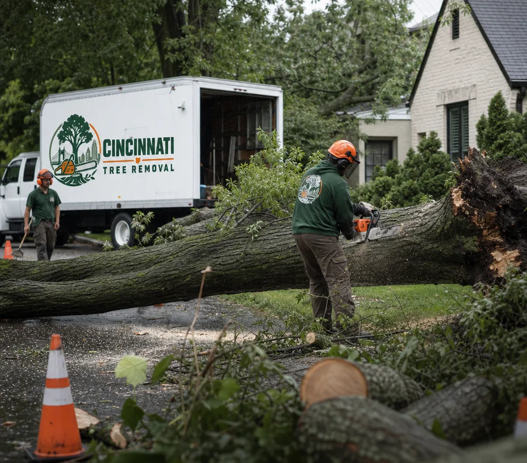 Tree limb fallen onto garage roof and driveway in Cincinnati