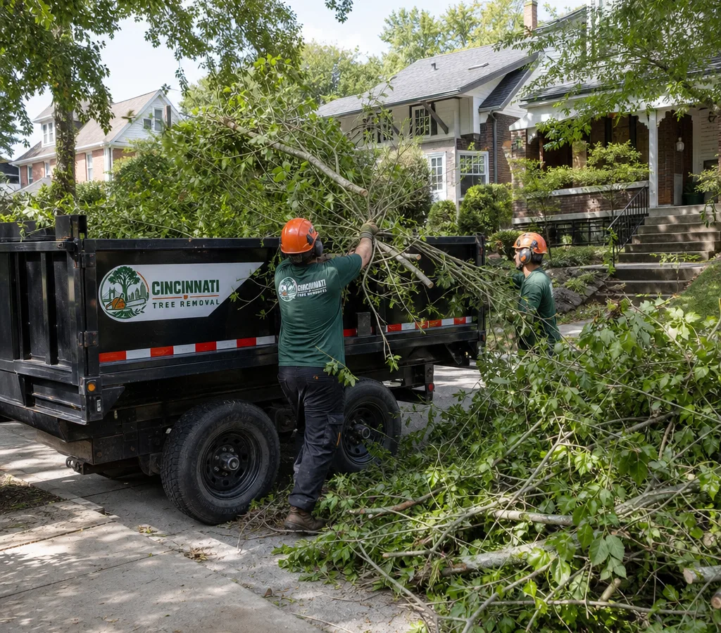 Illustrative loading of cut branches into transport trailer in Cincinnati residential yard