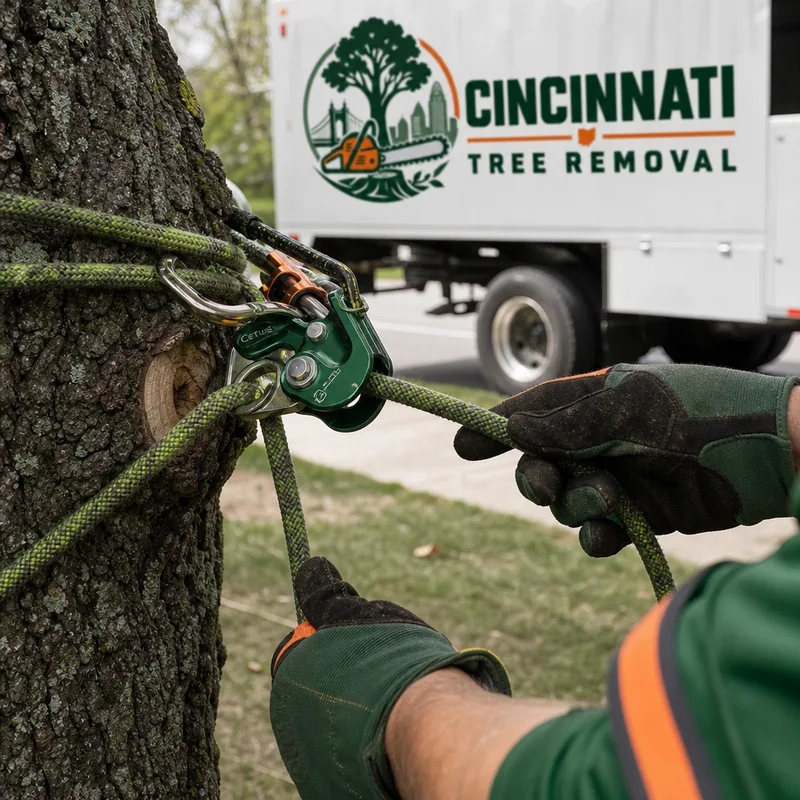 Illustrative tree service rigging friction device and arborist rope line in Cincinnati