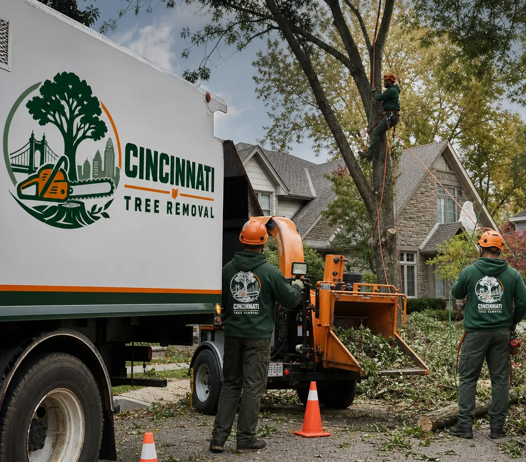 Illustrative tree care operations and chipper equipment in Cincinnati