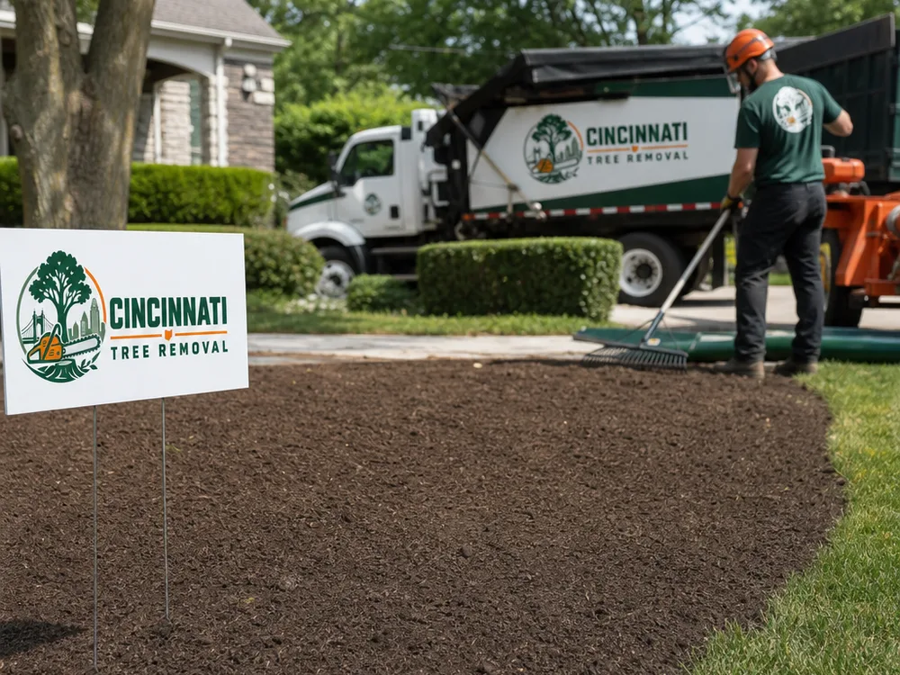 Illustrative backyard stump area raked level with topsoil mulch